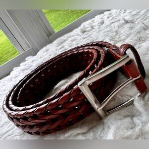 Fossil Dark Brown Genuine Leather Braided Belt Silver Tone Size 80 32